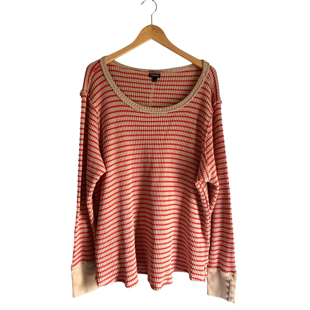 Torrid Womens Plus Size 3 Red Tan Striped Waffle Knit Thermal Button Cuff Top